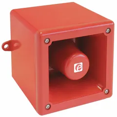 This telephone initiated alarm sounder is constructed of red plastic with water-resistant properties and includes stainless steel hardware. It is designed for use with telephones to provide audible alerts in industrial or commercial settings where a water-resistant sounder is required.