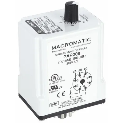 MACROMATIC Phase Monitor Relay: Socket Mounted, 10 A Current Rating, 208V AC - Socket-Mounted Relays