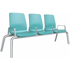 Floor-mounted beam seating unit with three polyethylene seats and integrated arms. Designed for permanent installation in waiting areas, break rooms, and lobbies. Meets ISO standards and CAL 133 flammability requirements.