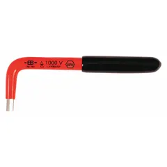 Insulated hex key with 6 mm metric tip size, short length, and black oxide finish. Made from chrome vanadium molybdenum steel. Suitable for tightening or loosening hex socket screws in confined spaces, such as electrical panel work and machinery maintenance.
