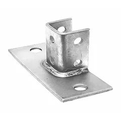 Hot dipped galvanized steel post base for 1-5/8 in x 1-5/8 in single strut channel. Features six mounting holes. Used to secure vertical strut members to floors or foundations in industrial framing, cable tray, and pipe support systems.