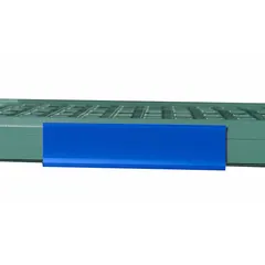 Blue identification marker for MetroMax Q Series plastic shelving. Measures 6 inches wide by 1.5 inches tall. Used for color-coded labeling to organize inventory or designate zones in storage areas.