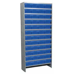 This metal stationary bin shelving unit features a gray steel frame and includes 48 blue polymer drawer-style bins. Each bin measures 4-5/8 in x 8-3/8 in x 11-5/8 in and has a closed front to keep contents contained. Suitable for organizing small parts, components, and tools in industrial and warehouse settings.