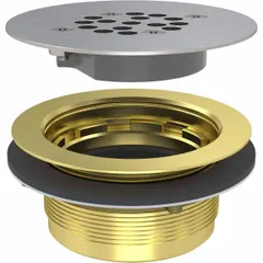 This institutional floor drain features a brass/stainless steel construction with a satin finish and a silver grate. It has a 4 1/8 in overall diameter and 2 in overall height, with a gasket connection type. Includes a rubber washer for sealing. Suitable for floor drainage in commercial showers, locker rooms, and wet areas.