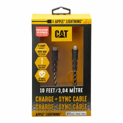 CAT Cable: Lightning End 1, Type C End 2, Black/Silver, 10 ft Lg - Reinforced USB & Lightning Cables