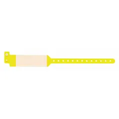 Plastic security wristband in yellow, supplied in a pack of 500. Measures 11 3/4 inches in length and 1 5/8 inches in width. Suitable for temporary identification and access control at events, hospitals, and industrial facilities.