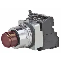Momentary-action illuminated push button with extended profile for enhanced visibility. Non-metallic construction, 30 mm mounting size, and 1NO/1NC contact configuration. Suitable for industrial control panels and machinery requiring clear visual status indication.