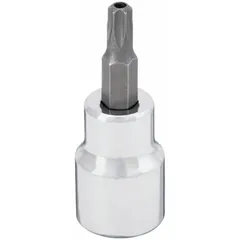 This Security Torx Bit Socket features a T20 tip size and a 1-3/4 in overall length. It is designed for driving tamper-resistant Torx fasteners that require a security pin hole. Commonly used in industrial maintenance, automotive repair, and assembly applications.