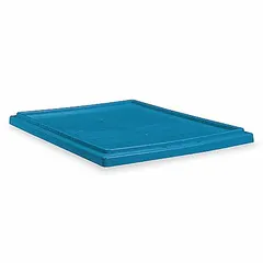 Plastic lid designed for standard stacking and nesting totes. Compatible with AKRO-MILS tote model 35225 and similar. Blue color. FDA compliant for applications requiring food-contact approval. Provides secure cover for totes in material handling and storage.