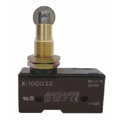 Plunger snap-action switch with roller plunger actuator from OMRON Series X. Features 1NO/1NC contact configuration, AC contact rating of 2 A at 250 V, and solder electrical connection. Used for position sensing and limit switching in industrial control circuits.