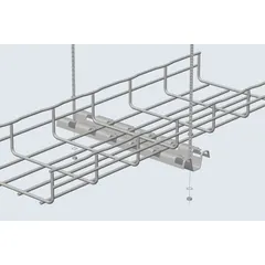 This steel support bracket with galvanized finish is designed for use with wire mesh cable trays. It provides structural support and mounting points for trays in cable management systems, ensuring proper cable routing and load distribution.