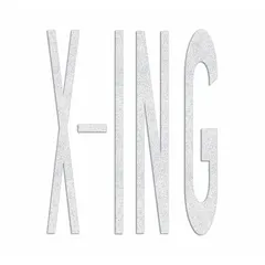 White thermoplastic pavement marking with X-Ing legend, 8 ft long by 6 3/4 ft wide. Applied via hand torch for permanent installation in pedestrian or vehicle crossing zones on roads, parking lots, and industrial sites.