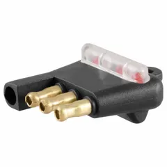 Plastic 4-way flat electrical plug for connecting a tow vehicle's lighting system to a trailer. Powers tail lights, turn signals, and brake lights. Suitable for use on trailers, boat trailers, utility trailers, and towed equipment.