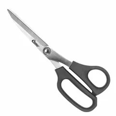 These 8-inch plastic-handle scissors feature straight, pointed stainless steel blades with a black finish. Designed for ambidextrous use, they are suitable for cutting cardboard and other general-purpose materials in packaging and light industrial tasks.