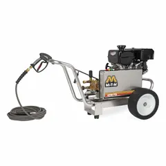 Gas-powered cold water pressure washer mounted on a cart for mobility. Delivers 4200 psi at 3.4 gpm with a usable per week rating of 20 hours. Suitable for heavy-duty cleaning of equipment, vehicles, and surfaces in industrial settings.
