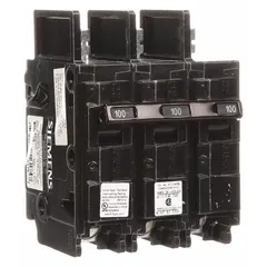 Three-pole miniature circuit breaker rated 100 A at 240V AC with high interrupting capacity. Designed for bolt-on mounting in panelboards, providing overcurrent protection in electrical distribution systems.