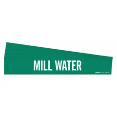 Green adhesive pipe marker with white 'Mill Water' legend for identifying mill water lines. Fits pipe outer diameters of 8 inches and larger. Supplied without directional arrows. Pack of 5 markers.