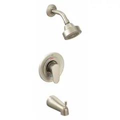 This bathtub spout and fixed showerhead faucet combination from the Edgestone series features a single-function showerhead with a 1.75 gpm flow rate and a single spray pattern. It has a CC connection type and a nickel finish. Suitable for use in residential or commercial bathroom installations.