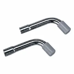 Steel anti-tip device for wheelchairs, measuring 7 1/2 inches in overall length and 3 1/2 inches in overall width. Designed to attach to the wheelchair frame to help prevent backward tipping during use. Compatible with FIRST VOICE brand wheelchairs.