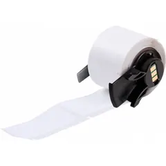 White matte destructible precut label rolls in two sizes: 2 in x 1 in and 1 in x 2 in. Compatible with Brady M610 printer series. The material shatters upon removal, leaving visible residue to indicate tampering. Used for security labeling on equipment, enclosures, and instruments.