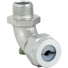 Steel 90° cable grip with silver finish, 1/2 in MNPT box connection, and IP66 rating. Accepts cord diameters 0.25 to 0.38 in. Rated Class III, Division 1 & 2 for hazardous locations. Used to secure and seal cables entering enclosures in industrial environments.