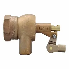 Straight valve body for automatic water level control in tanks and reservoirs. Bronze construction with bulkhead mounting, adjustable arm, and 1 1/4 in FNPT connections. Flow rate 348 gpm at 100 psi, 3/8-16 rod thread.