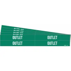 Green adhesive pipe markers with white legend reading 'Outlet', designed for pipe outer diameters from 3/4 to 2-3/8 inches. Each pack contains 4 markers without arrows. Used to identify outlet piping in industrial facilities for safety and maintenance.