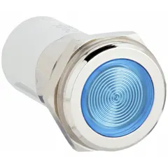 Blue LED indicator pilot light with flush head and H16 profile for 16 mm panel mounting holes. Electrical connection via 0.11 male quick disconnect. Used in industrial control panels and machinery to indicate operational status.
