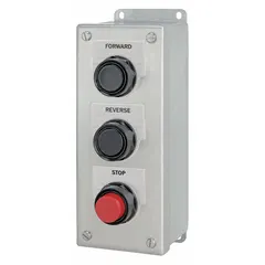 This Siemens push-button control station features three flush push buttons with a red operator and Forward/Reverse/Stop legend. It has a 3NO/3NC contact configuration and no pilot lights. Used for manual control of motor forward, reverse, and stop functions in industrial machinery and conveyor systems.