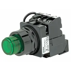 This Siemens illuminated push button features an extended non-metallic profile for 30 mm mounting. It provides one normally open contact with maintained or momentary action, suitable for industrial control panel applications requiring a prominent illuminated actuator for start/stop or mode selection. Connection is via pressure plate terminals.