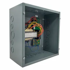 Enclosed and wall-mounted Class 2 transformer with 300 VA rating, converting 120V AC input to 24V AC output. Features screw terminals for wiring, an individual output on/off switch, and a built-in circuit breaker. Suitable for powering low-voltage control circuits in commercial and industrial applications.