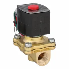 This REDHAT solenoid valve is a 2-way, 2-position normally closed type with a 1/2 in pipe size. It operates at 120V AC (also compatible with 110V AC) and features an explosion-proof coil enclosure. Designed for high-flow applications, it is suitable for on/off control of liquids or gases in industrial fluid systems.