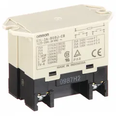 Surface-mounted relay with top flange mounting and square base. DPST-NO contacts rated 25 A at 220V AC for resistive and inductive loads. Coil voltage 24V AC. Screw terminal electrical connection. Suitable for switching high-current loads in industrial control panels, HVAC systems, and automation equipment.