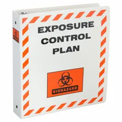 Orange safety binder with 1-1/2 in ring size, 2 in overall height, and 11 in overall depth. Used to organize and store safety documentation such as exposure control plans in industrial workplaces. The orange color aids quick identification.