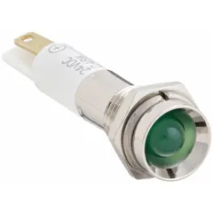 Green LED pilot light with protruding head for high visibility. Features 0.11 male quick disconnect electrical connection. Used as a visual status indicator on industrial control panels and machinery.