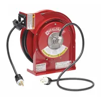 This reverse feed self-retracting cord reel from REELCRAFT features a 45 ft length of 12 AWG SJEOOW cable with a NEMA 5-20P retractable cord ending and a NEMA 5-20R feeder cord ending. The ratchet lock mechanism allows the cord to be held at any desired length, while the self-retracting design keeps the work area tidy. Suitable for managing extension cords in industrial environments such as workshops and maintenance facilities
