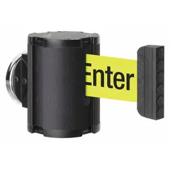 This magnetic-mount retractable belt barrier features a 15 ft black belt with yellow caution messaging and a black base. Designed for temporary crowd control and area delineation, it mounts quickly on metal surfaces without tools. Suitable for directing foot traffic, marking hazards, or managing queues in industrial and commercial settings.