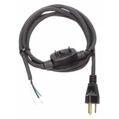 This general purpose power cord features an 8-foot length, 3/18 gauge SJO rubber jacket, and a 5-15P plug. It includes a bare wire receptacle and an integrated on/off switch for convenient power control. Rated for 125V AC, it is suitable for connecting equipment to a standard outlet in light industrial or commercial settings.