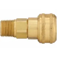 Brass quick-connect coupling body for pneumatic systems. Features 1/2"-14 male thread and push-to-connect locking for tool-free connections. Used in compressed air lines and air tool connections