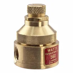 Brass water pressure regulator with 1/8 in FNPT connections. Adjustable downstream pressure range of 0 psi to 25 psi. Maximum operating temperature 140°F. Low-lead compliant. Used to reduce and stabilize incoming water pressure in plumbing systems.