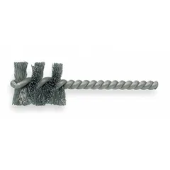 Single-stem brush designed for cleaning blind holes in stainless steel workpieces. Features a 1 in diameter with 0.008 in fill diameter and 1/4 in stem diameter. Suitable for removing debris, burrs, and contaminants from tubes, pipes, and bores in industrial maintenance and fabrication.