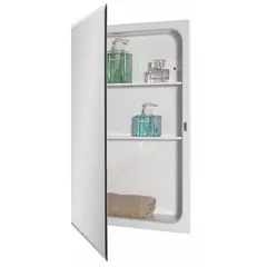 This mirrored medicine cabinet is designed for recessed installation in bathrooms or similar spaces. It features a stainless steel body and a beveled-edge glass mirror. Overall dimensions are 26 inches in height and 16 inches in width.