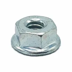 Steel serrated flange hex nut designed for use with sprayer equipment. The serrated flange provides vibration resistance to help maintain secure fastening in assemblies. Suitable for agricultural and industrial sprayer applications where a locked connection is required.