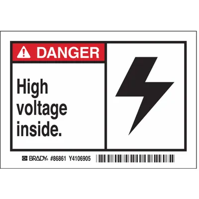 BRADY High Performance Vinyl Label: Vinyl, Adhesive Sign Mounting - Danger: High Voltage Inside. Signs
