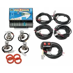 Concealed mount LED warning light with amber/white output, 5-3/8 in overall width, and 15 selectable flash patterns. Operates on 12-24V DC, includes 9.8 ft cable with locking connectors and wire leads. Adhesive mounting for discreet installation on emergency and service vehicles.