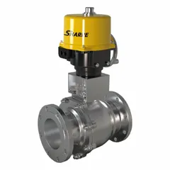 This electrically-actuated two-way ball valve features a CF8M stainless steel body and flange x flange connections. The 120V actuator includes thermal overload protection and an ISO 5211 mounting pad for standardized installation. Suitable for automated on/off flow control in industrial piping systems handling water, oil, gas, and chemicals.