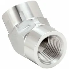 This 45° elbow is an extreme pressure threaded pipe fitting made from 316 stainless steel. It has 3/8 in NPT connections on both ends and a pressure rating of 4,500 psi. Used in high-pressure hydraulic and pneumatic systems to change flow direction at a 45-degree angle.