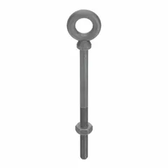 Steel galvanized machinery eye bolt with shoulder, featuring 5/16"-18 thread size and 3 in thread length. Includes nut. Used for lifting, rigging, and securing loads in material handling and industrial applications.