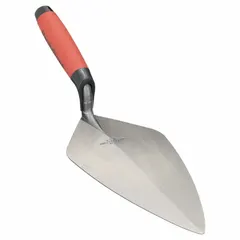 London-shaped carbon steel blade, 5 1/8 in width, with DuraSoft rubberized handle. Used for laying bricks and spreading mortar in masonry work.