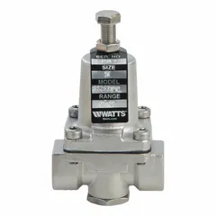 Standard capacity water pressure regulator with stainless steel body, 3/8 inch FNPT x FNPT connections, and adjustable outlet pressure range of 3 to 50 psi. Used to reduce and stabilize incoming water pressure in plumbing systems, protecting downstream equipment from pressure surges. Suitable for branch lines, irrigation systems, and equipment inlets.